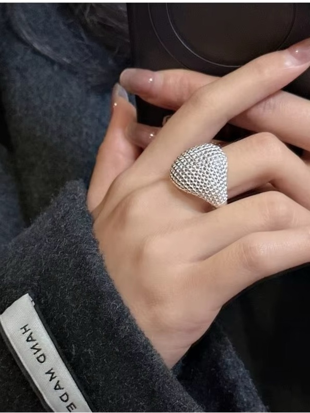 Silver Textured Teardrop Statement Ring - Women Accessories